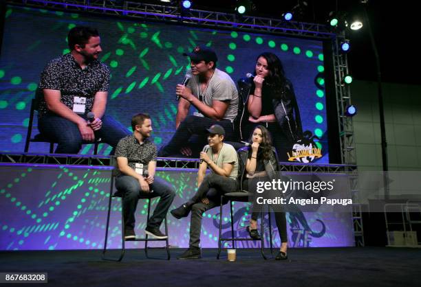 Moderator Sean Gerber and actors Gabriel Luna and Chloe Bennet speak onstage at Los Angeles Convention Center on October 28, 2017 in Los Angeles,...