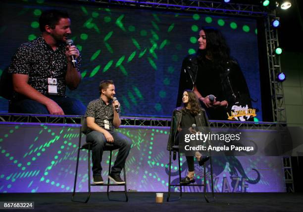 Moderator Sean Gerber and actor Chloe Bennet speak onstage at Los Angeles Convention Center on October 28, 2017 in Los Angeles, California.