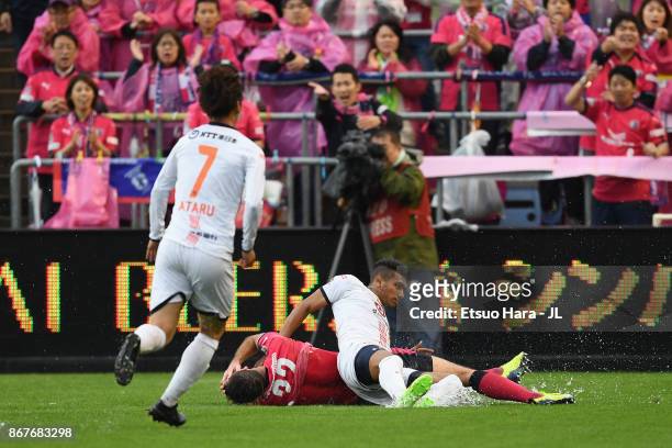Mateus of Omiya Ardija fouls on Matej Jonjic of Cerezo Osaka resulting in the red card during the J.League J1 match between Cerezo Osaka and Omiya...