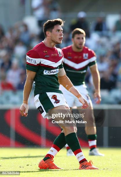 Mitchell Moses of Lebanon kicks a field goal during the 2017 Rugby League World Cup match between France and Lebanon at Canberra Stadium on October...