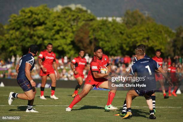 Jason Taumalolo of Tonga runs the ball during the 2017 Rugby League World Cup match between Scotland and Tonga at Barlow Park on October 29, 2017 in...