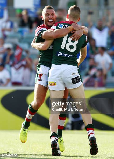 Robbie Farah and Adam Doueihi of Lebanon celebrate a try by Doueihi during the 2017 Rugby League World Cup match between France and Lebanon at...