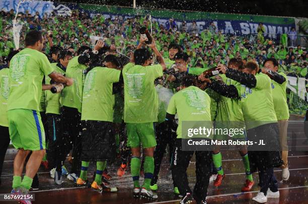 Shonan Bellmare players celerbrate J2 champions and promotion to J1 after the J.League J2 match between Shonan Bellmare and Fagiano Okayama at BMW...