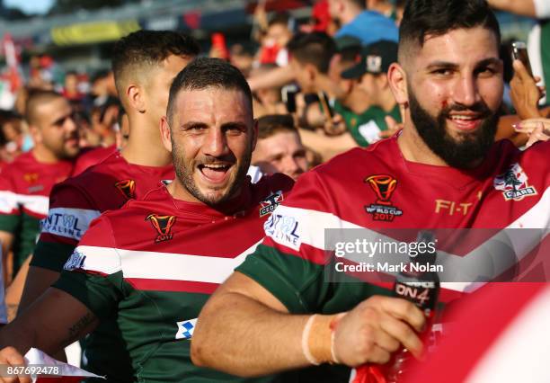 Robbie Farah of Lebanon celebrates after winning the 2017 Rugby League World Cup match between France and Lebanon at Canberra Stadium on October 29,...