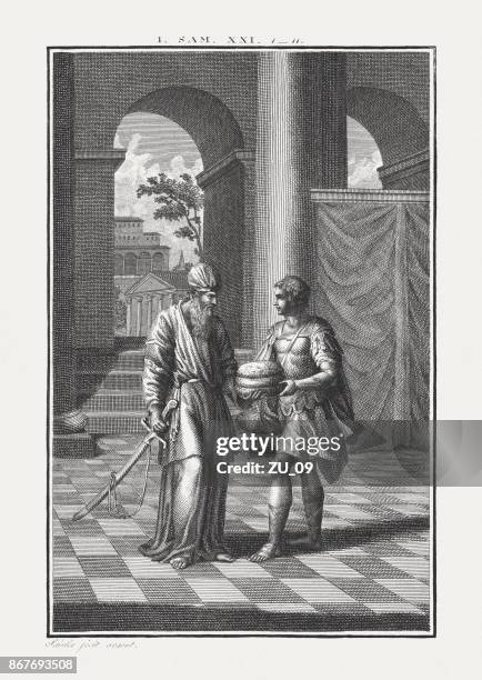david goes to nob (1 samuel 21, 1-9), published c.1850 - sword eater stock illustrations