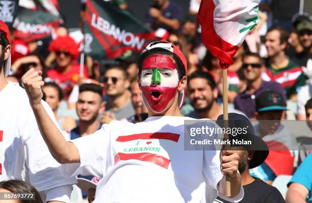 Lebanese fan celebrates a try during the 2017 Rugby League World Cup match between France and Lebanon at Canberra Stadium on October 29, 2017 in...