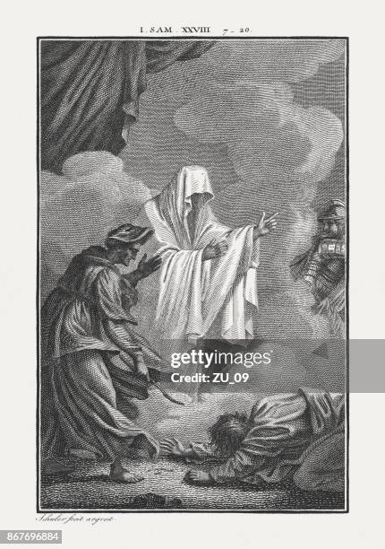 saul at the witch of endor (1 samuel 28) - copperplate engraving stock illustrations