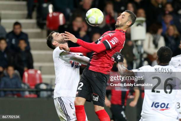 Thomas Monconduit of Amiens and Jonathan Martins Pereira of Guingamp during the Ligue 1 match between EA Guingamp and Amiens SC at Stade du Roudourou...