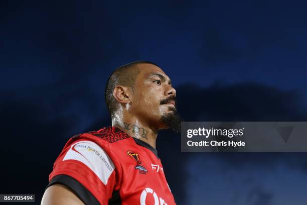 Sika Manu of Tonga looks on during the 2017 Rugby League World Cup match between Scotland and Tonga at Barlow Park on October 29, 2017 in Cairns,...