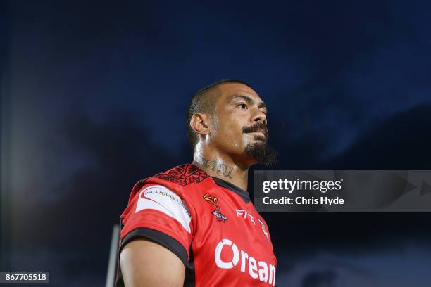 Sika Manu of Tonga looks on during the 2017 Rugby League World Cup match between Scotland and Tonga at Barlow Park on October 29, 2017 in Cairns,...