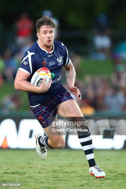 Ben Hellewell of Scotland runs the ball during the 2017 Rugby League World Cup match between Scotland and Tonga at Barlow Park on October 29, 2017 in...