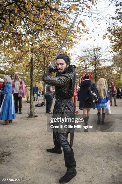 Cosplayer in character as Jon Snow rom Game Of Thrones during MCM London Comic Con 2017 held at the ExCel on October 28, 2017 in London, England.