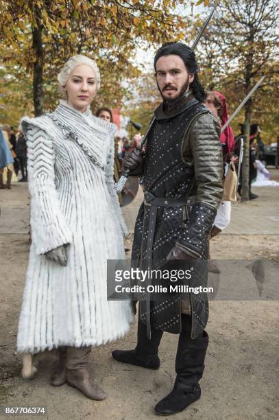 Cosplayer in character as Daenerys Targaryen and Jon Snow rom Game Of Thrones during MCM London Comic Con 2017 held at the ExCel on October 28, 2017...