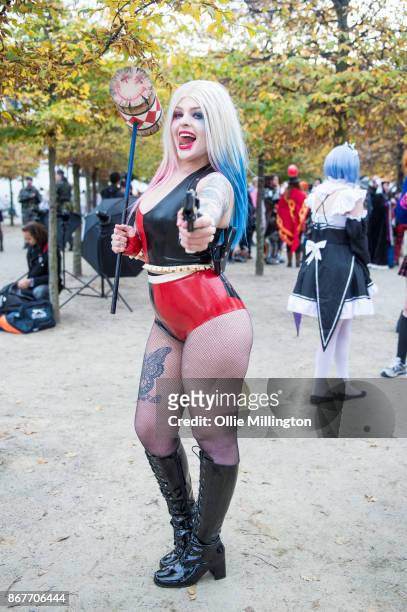 Cosplayer in character as a latex Harley Quinn during MCM London Comic Con 2017 held at the ExCel on October 28, 2017 in London, England.