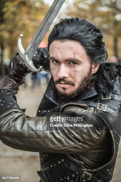 Cosplayer in character as Jon Snow rom Game Of Thrones during MCM London Comic Con 2017 held at the ExCel on October 28, 2017 in London, England.
