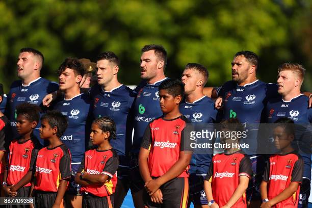 Scotland line up for the national anthem during the 2017 Rugby League World Cup match between Scotland and Tonga at Barlow Park on October 29, 2017...