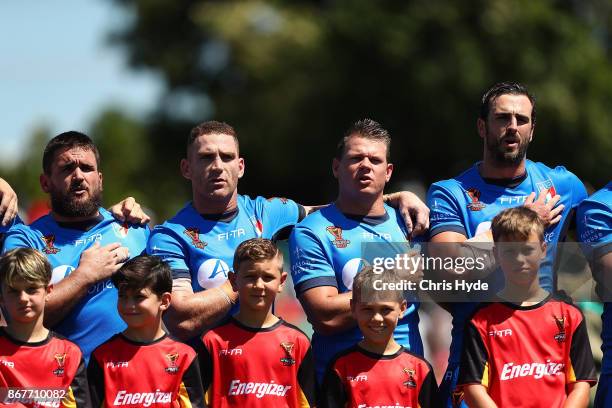 Italy sinf the national anthem during the 2017 Rugby League World Cup match between Ireland and Italy at Barlow Park on October 29, 2017 in Cairns,...