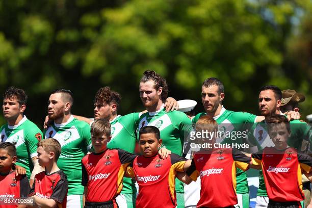 Ireland sing the national anthem during the 2017 Rugby League World Cup match between Ireland and Italy at Barlow Park on October 29, 2017 in Cairns,...