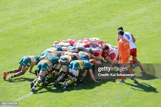 Scrum is seen during the Mitre 10 Heartland Championship Lochore Cup Final match between Mid Canterbury and West Coast on October 29, 2017 in...
