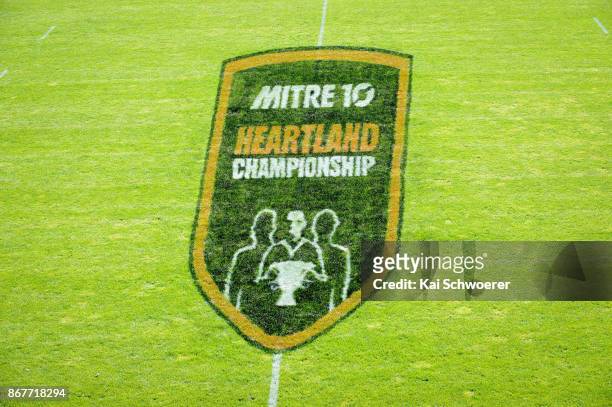 The Mitre 10 Heartland Championship logo is seen during the Mitre 10 Heartland Championship Lochore Cup Final match between Mid Canterbury and West...