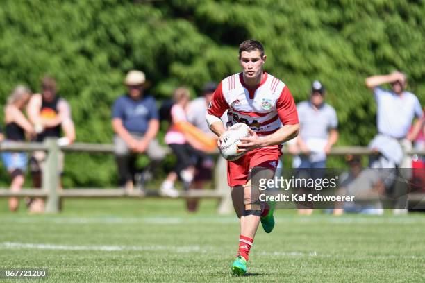 Logan Heath of West Coast charges forward during the Mitre 10 Heartland Championship Lochore Cup Final match between Mid Canterbury and West Coast on...