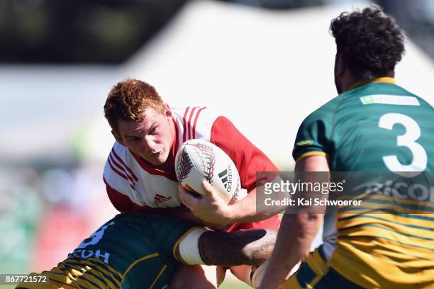 Steven Soper of West Coast is tackled during the Mitre 10 Heartland Championship Lochore Cup Final match between Mid Canterbury and West Coast on...