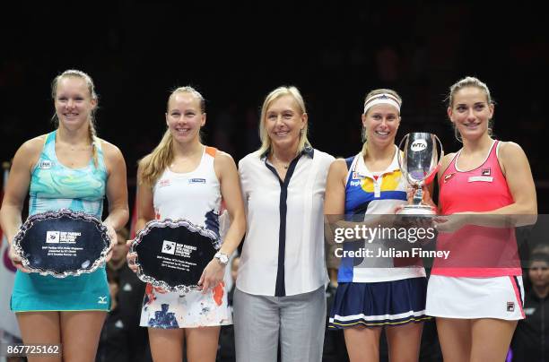 Legend Ambassador Martina Navratilova poses with runners up Kiki Bertens of Netherlands and Johanna Larsson of Sweden and winners Andrea Hlavackova...