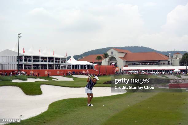 Cristie Kerr of the United States plays her shot towards the 18th green during day four of the Sime Darby LPGA Malaysia at TPC Kuala Lumpur East...