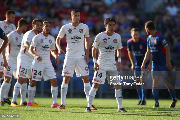 Wanderers players line up for a free kick during the round four A-League match between the Newcastle Jets and the Western Sydney Wanderers at...