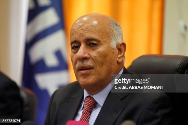 Chairman of the Palestinian football association Jibril Rajoub speaks during a press conference in the West Bank city of Al-Ram between Jerusalem and...