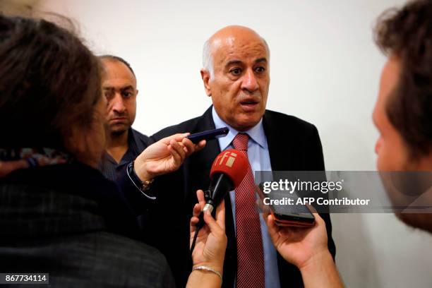 Chairman of the Palestinian football association Jibril Rajoub speaks during a press conference in the West Bank city of Al-Ram between Jerusalem and...