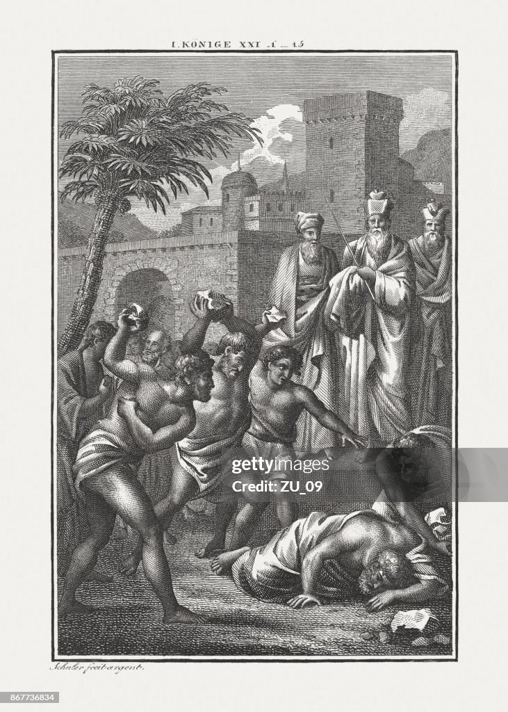Navots upprörande utförande (1 Konungaboken 21,13), kopparstick gravyr, publicerade c.1850