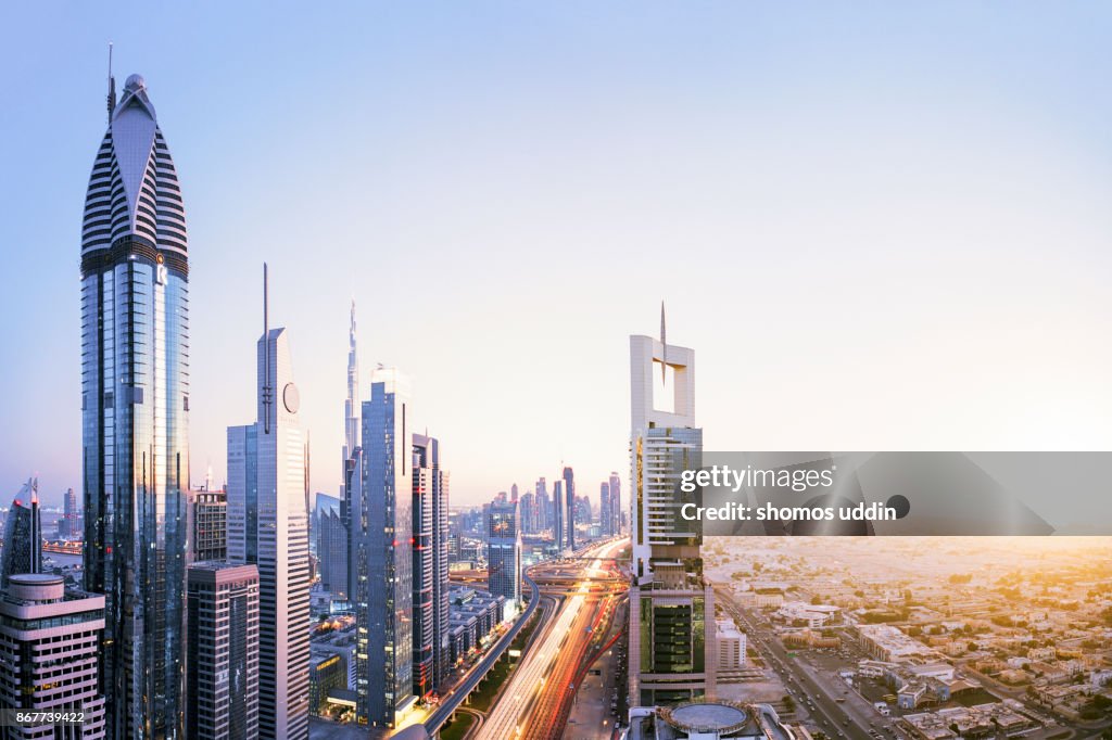 High angle cityscape of Dubai skyline - digital composite