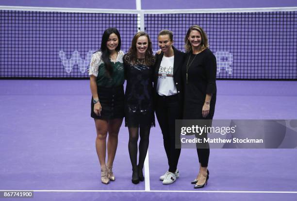 Martina Hingis of Switzerland poses with Chan Yung-Jan of Chinese Taipei and WTA Legend Ambassadors Iva Majoli and Mary Pierce during her retirement...