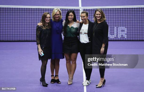 Martina Hingis of Switzerland poses with Micky Lawler, WTA President, Chan Yung-Jan of Chinese Taipei and WTA Legend Ambassadors Iva Majoli and Mary...