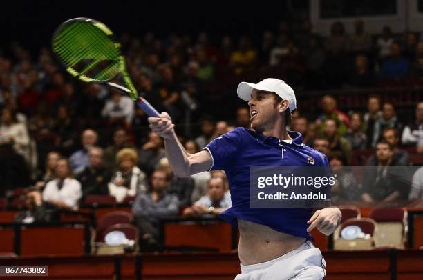 Sam Querrey of USA in action against Pablo Cuevas of Uruguai and Rohan Boppana of India during Erste Bank Open 500 tournament doubles tennis final...