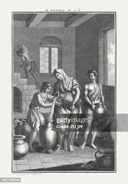 ilustraciones, imágenes clip art, dibujos animados e iconos de stock de eliseo multiplica el aceite de la viuda (2 reyes 4), c.1850 publicado - viuda