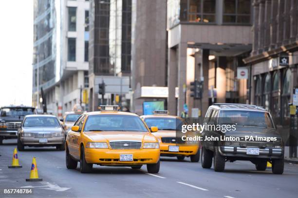 New York taxis and American cars in Glasgow city centre which has been transformed into New York City for filming of the TV show Melrose.