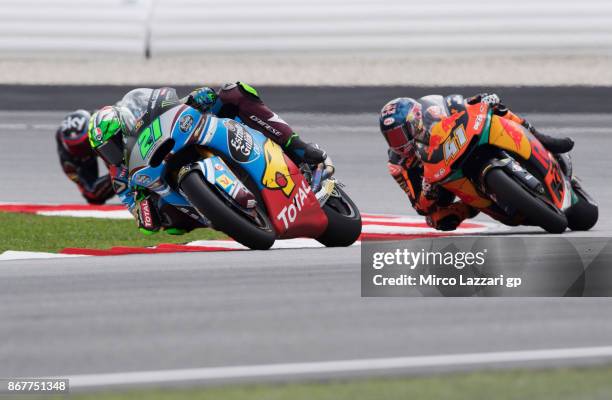 Franco Morbidelli of Italy and EG 00 Marc VDS leads Brad Binder of South Africa and Red Bull KTM Ajo during the Moto2 race during the MotoGP Of...