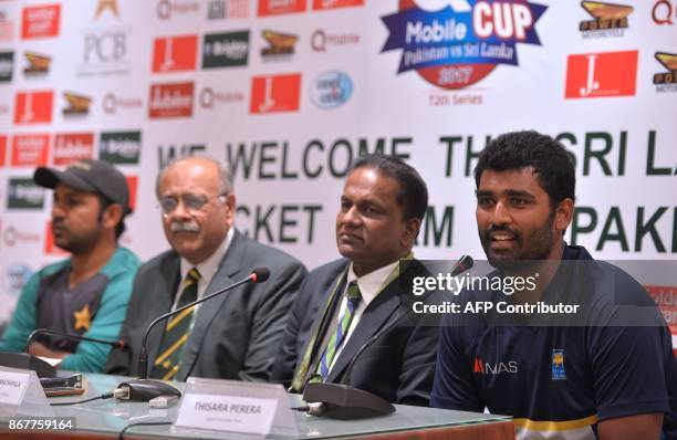 Sri Lankan cricket captain Thisara Perera speaks along with Sri Lanka Cricket President Thilanga Sumathipala , Chairman of Pakistan Cricket Board...