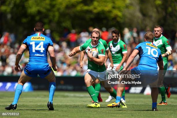 George King of Ireland runs the ball during the 2017 Rugby League World Cup match between Ireland and Italy at Barlow Park on October 29, 2017 in...