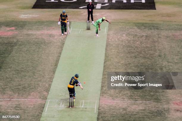 Ferisco Adams of South Africa hits a shot during Day 2 of Hong Kong Cricket World Sixes 2017 Cup final match between Pakistan vs South Africa at...