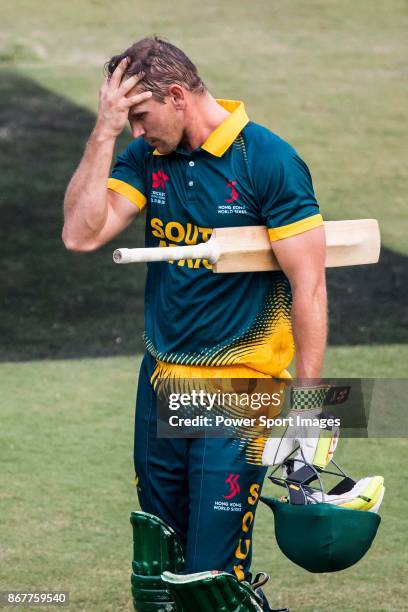 Sarel Erwee of South Africa walks back to the pavilion during Day 2 of Hong Kong Cricket World Sixes 2017 Cup final match between Pakistan vs South...