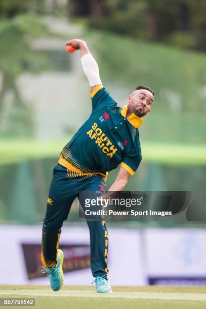 Aubrey Swanepoel of South Africa bowls during Day 2 of Hong Kong Cricket World Sixes 2017 Cup final match between Pakistan vs South Africa at Kowloon...