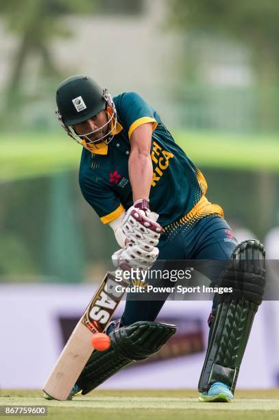 Aubrey Swanepoel of South Africa hits a shot during Day 2 of Hong Kong Cricket World Sixes 2017 Cup final match between Pakistan vs South Africa at...