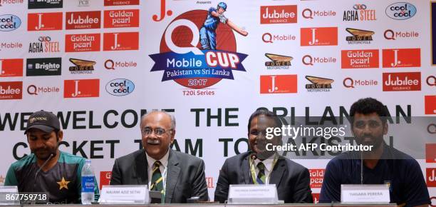 Sri Lankan cricket captain Thisara Perera speaks along with Sri Lanka Cricket President Thilanga Sumathipala , Chairman of Pakistan Cricket Board...