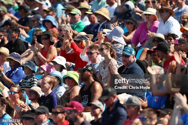Fans cheer during the 2017 Rugby League World Cup match between Ireland and Italy at Barlow Park on October 29, 2017 in Cairns, Australia.