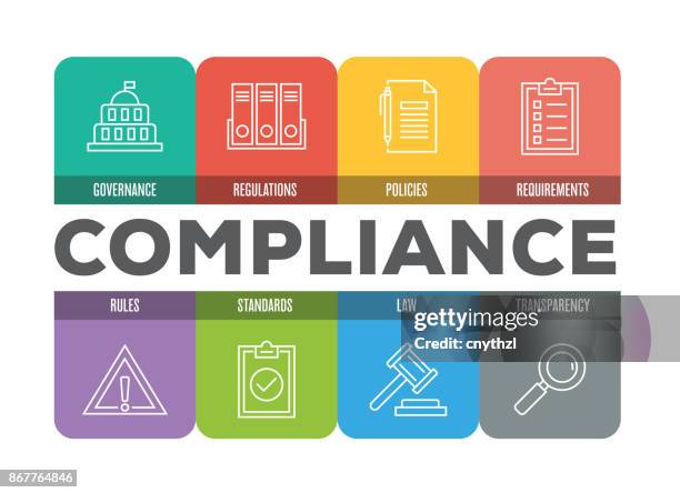 compliance-bunte linie-icons - legal proceeding stock-grafiken, -clipart, -cartoons und -symbole