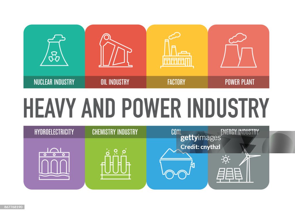 HEAVY AND POWER INDUSTRY COLORFUL LINE ICONS