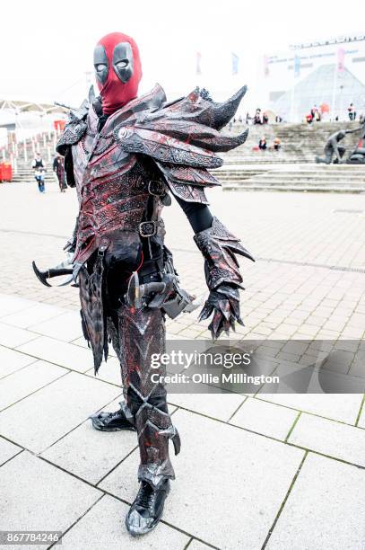 Cosplayer in character as a Skyrim armoured Deadpool during Day 3 of the MCM London Comic Con 2017 held at the ExCel on October 28, 2017 in London,...